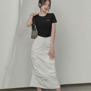 Chân váy dài trắng cạp cao túi hôp 2 bên nhún 2 bên JI JI LONG SKIRT/WH